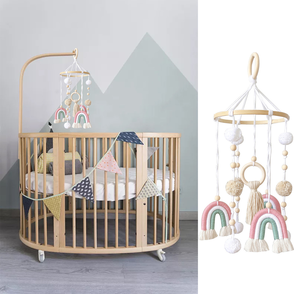 Cama De Bebê Móvel De Madeira Rainbow Mobile Baby Wind Chime - Imagem 15