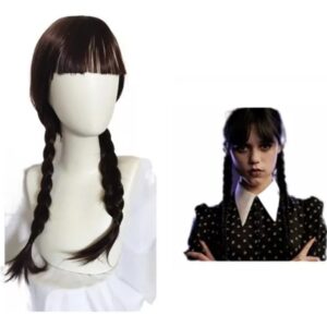 Peruca De Cosplay Preta Com Trança Dupla Wednesday Addams