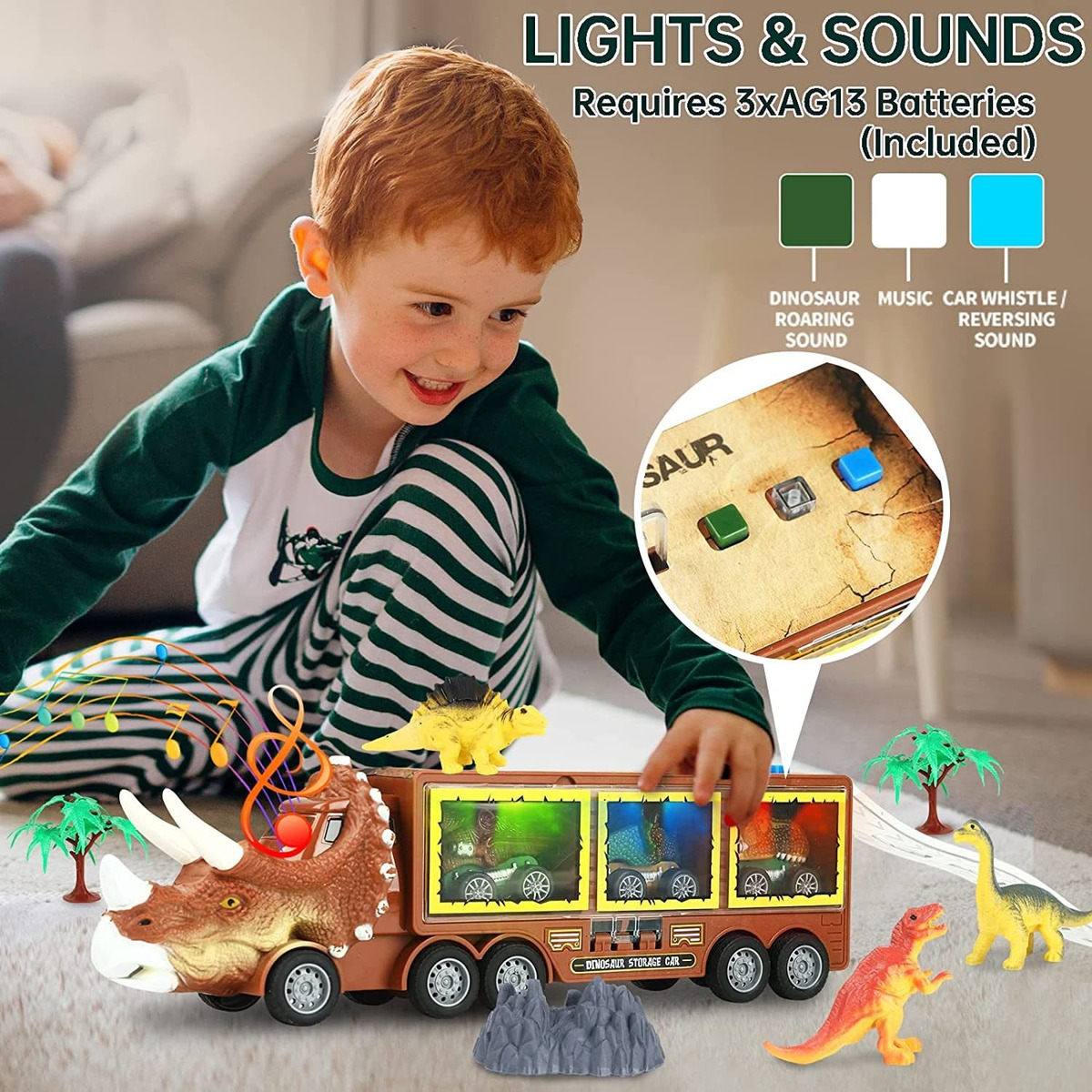 Caminhão De Brinquedo Do Dinossauro Dos Miúdos Com Luzes E S - Imagem 14