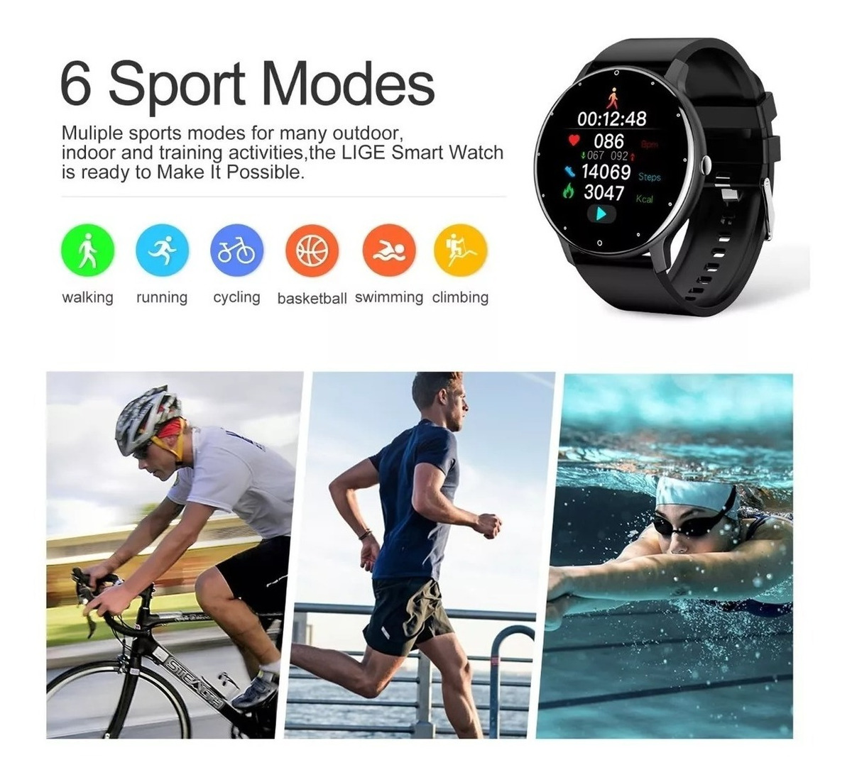 Sport Smart Watch Men Ip68 Relógio Bluetooth Preto À Prova D - Imagem 2