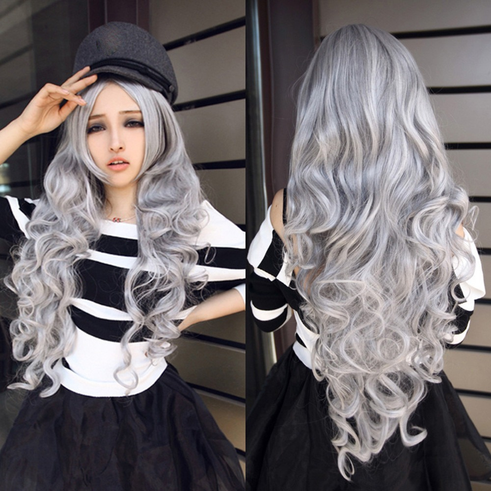 80cm Menina Cinza Partido Peruca Longo Cabelo Encaracolado C - Imagem 2