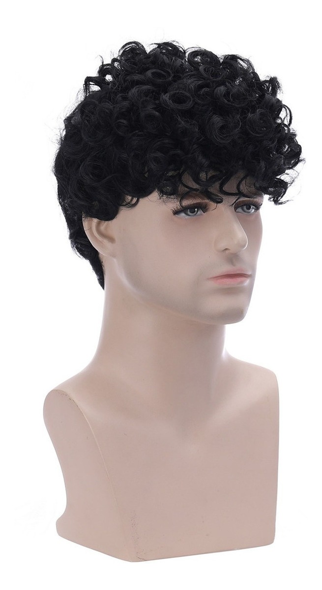 Peruca De Fibra Preta Masculina Cabelo Curto Encaracolado - Imagem 7