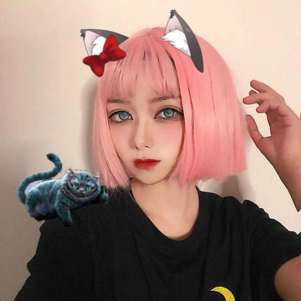 Peruca Anime Pink Human Short Straight Hair Wigsshort - Imagem 15