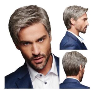 Peruca Masculina Inclinada Castanha Cinza De Cabelo Liso