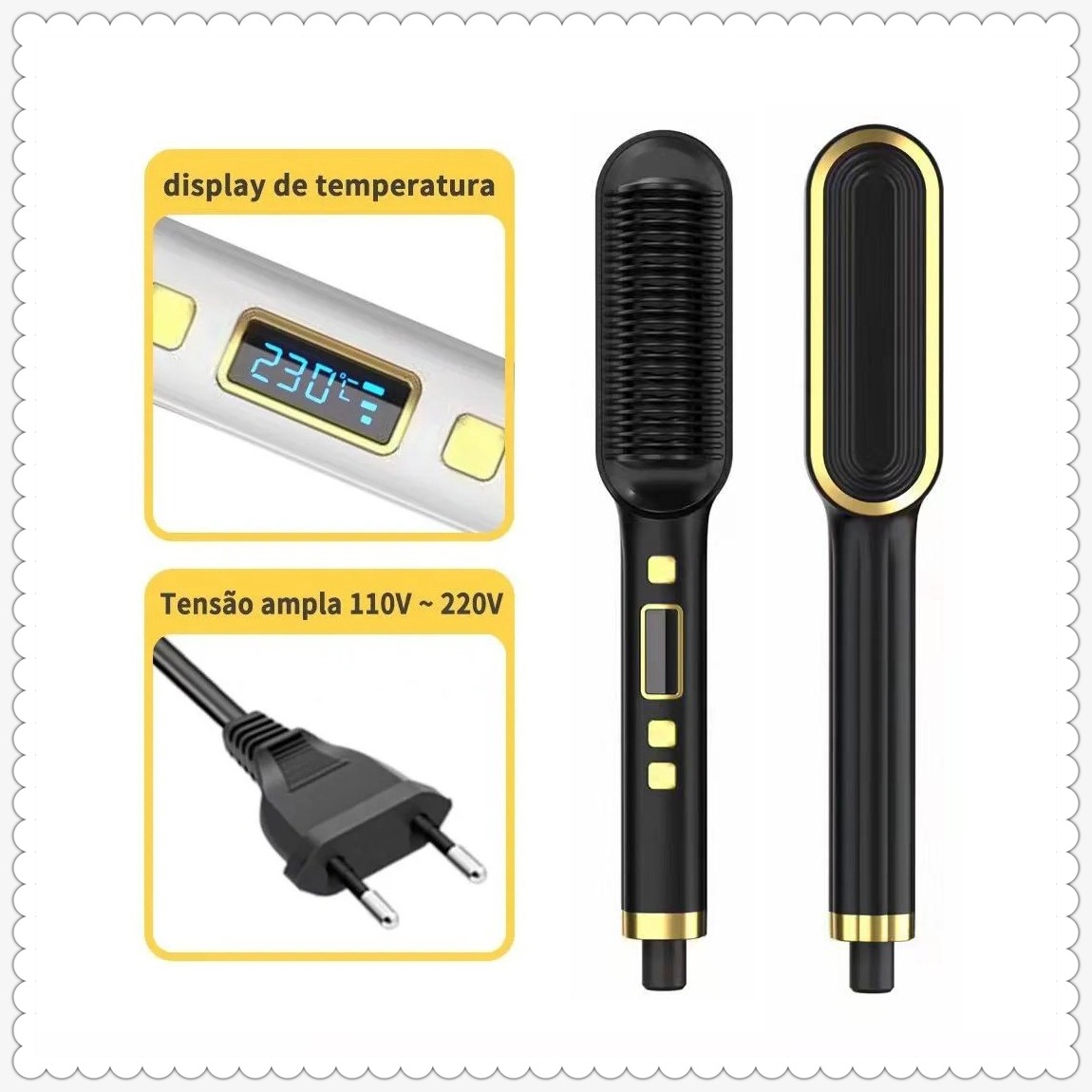Escova De Secador De Alisamento 2 Em 1 Com Visor De Temperat