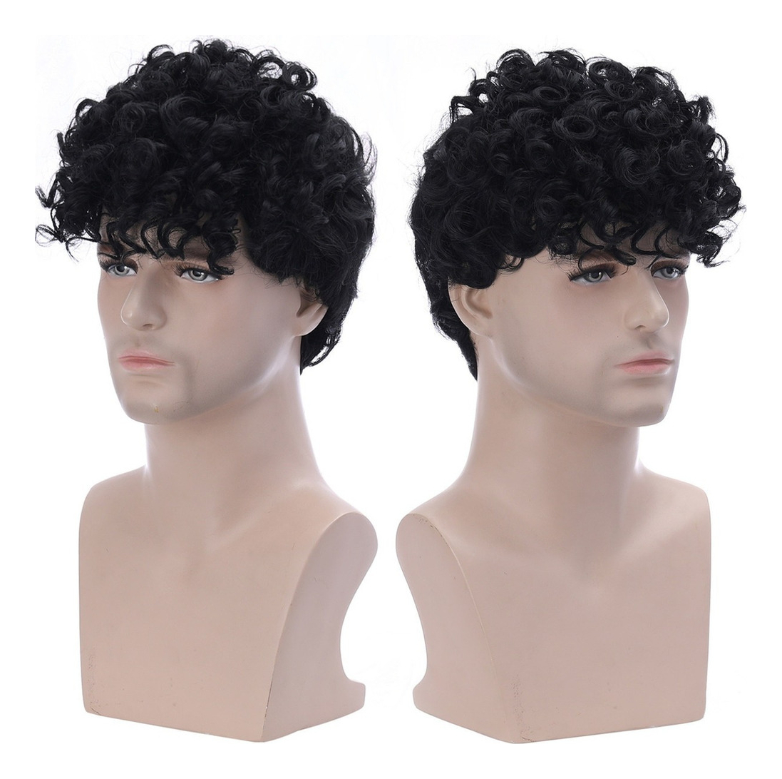 Peruca De Fibra Preta Masculina Cabelo Curto Encaracolado - Imagem 5