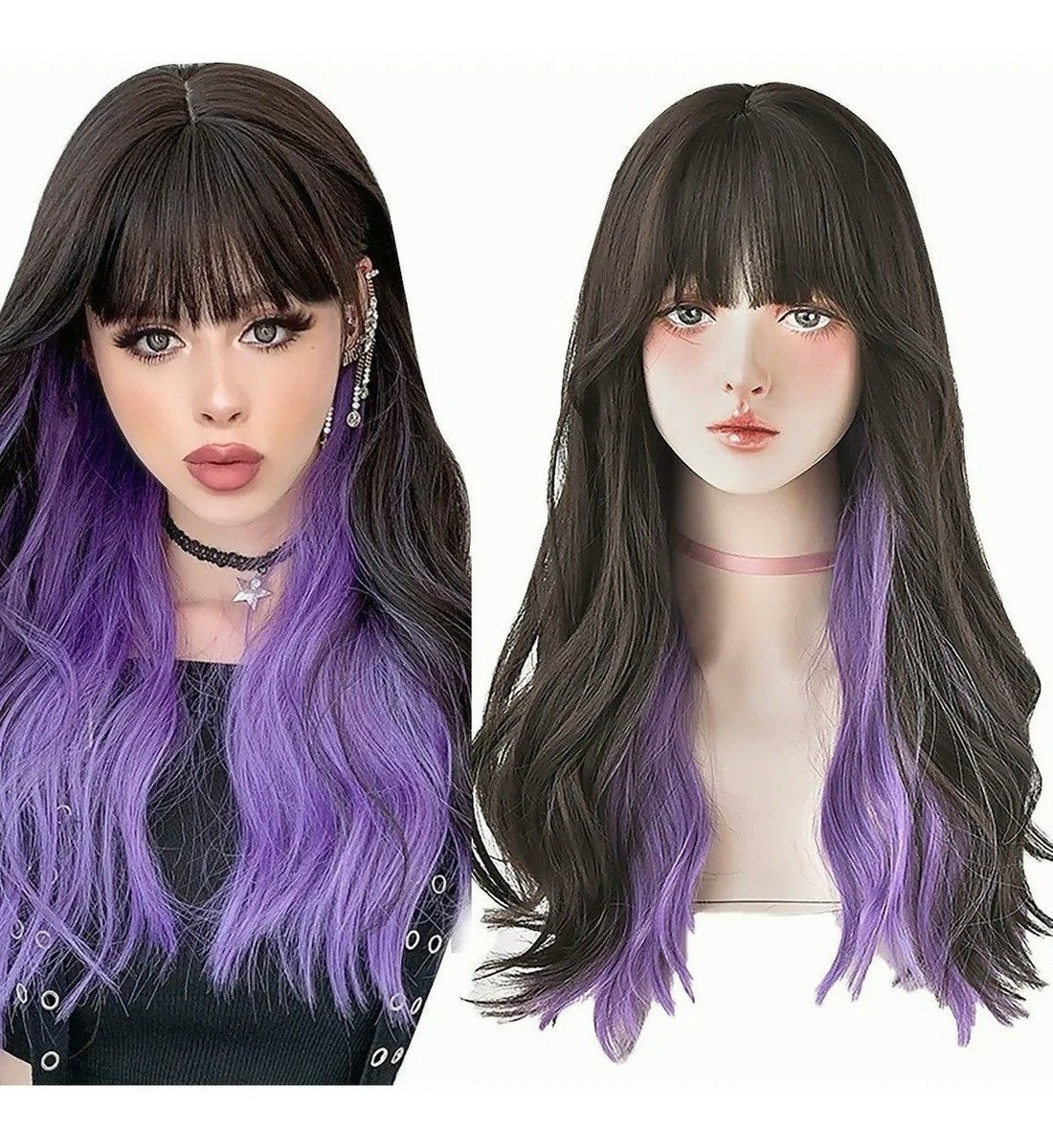 Peruca Cor De Cabelo Comprido Preta E Roxa