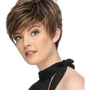 Peruca Feminina Cabelo Curto Franja Inclinada Marrom Loiro