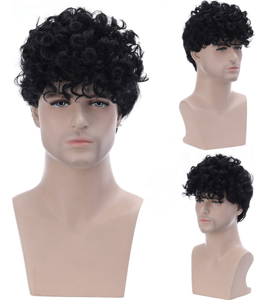 Peruca De Fibra Preta Masculina Cabelo Curto Encaracolado - Imagem 4