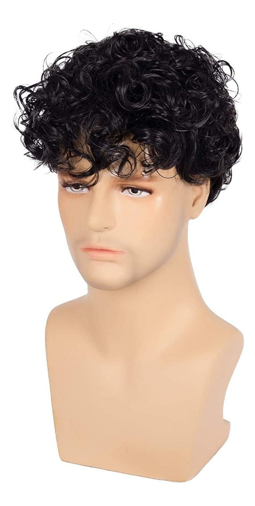 Peruca De Fibra Preta Masculina Cabelo Curto Encaracolado