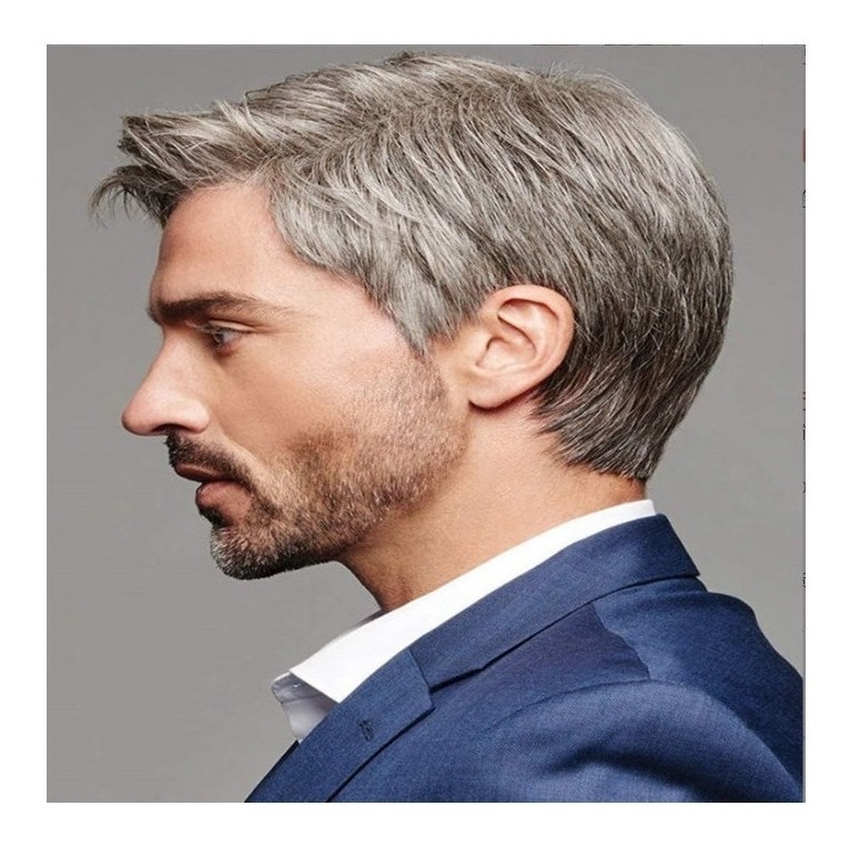 Cabelos Lisos Castanhos Grisalho Inclinados Peruca Masculina - Imagem 3