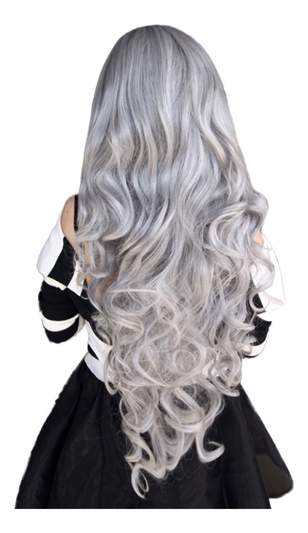 80cm Menina Cinza Partido Peruca Longo Cabelo Encaracolado C