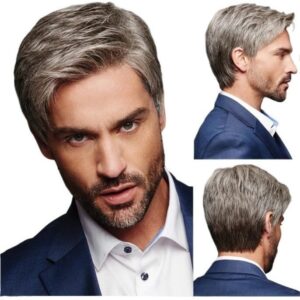 Peruca Masculina Parte Diagonal Cabelo Castanho Grisalho Lis