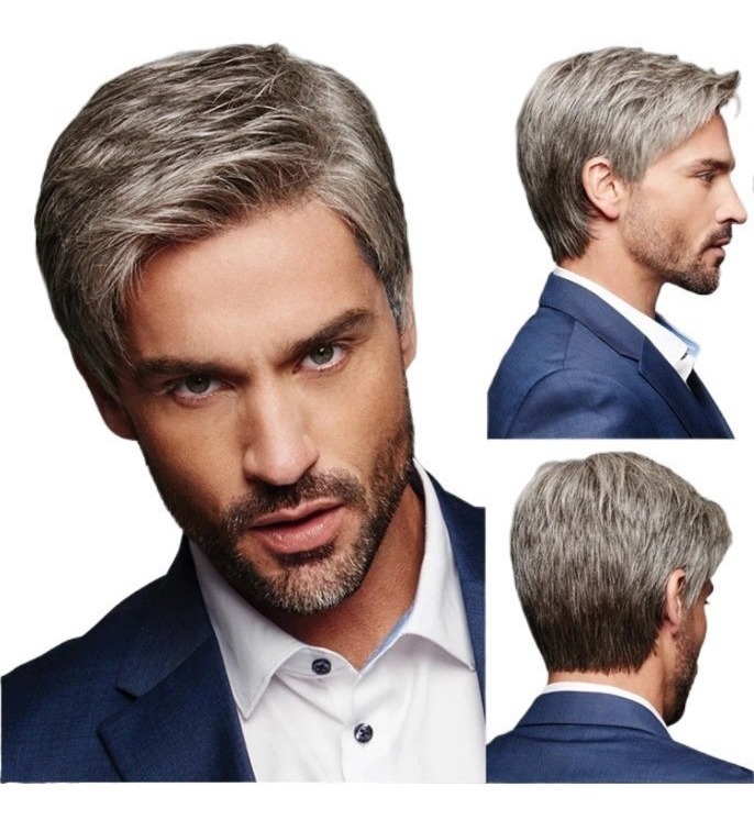 Peruca Masculina Parte Diagonal Cabelo Castanho Grisalho Lis