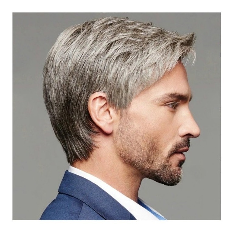 Cabelos Lisos Castanhos Grisalho Inclinados Peruca Masculina - Imagem 4