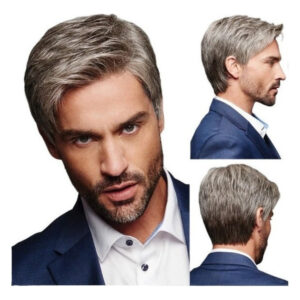 Peruca Masculina Inclinada Castanha Cinza De Cabelo Liso