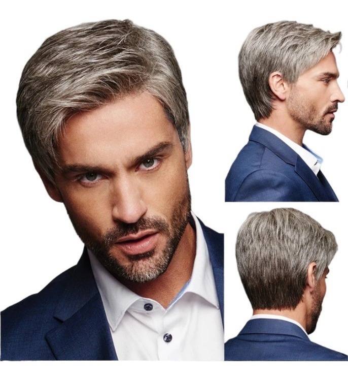 Peruca Masculina Curta, Reta, Gradiente, Cinza