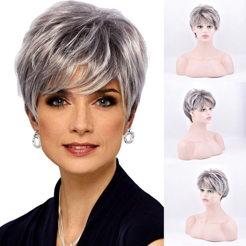 Ms Peruca Artificial De Cabelo Curto Com Franja De Cor Mista - Imagem 2