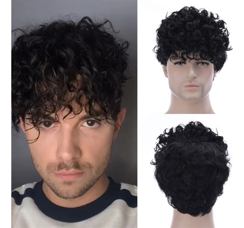 Peruca De Fibra Preta Masculina Cabelo Curto Encaracolado - Imagem 2