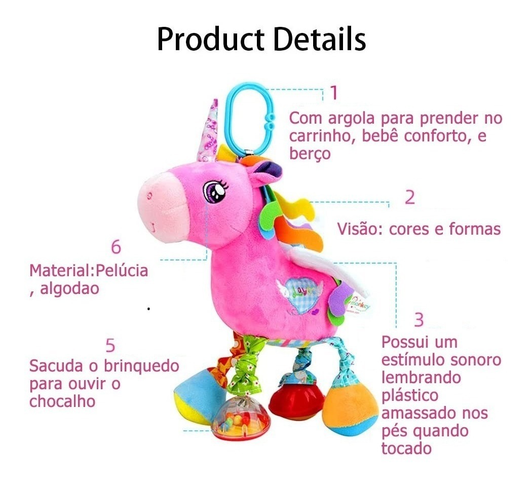 Brinquedo Chocalho Pelúcia P/ Berço Bebê Com Som- Unicórnio - Imagem 2