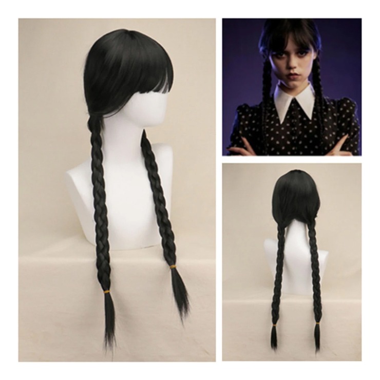 Peruca Wednesday Addams, Peruca Preta, Traje De Peruca Tranç - Imagem 6