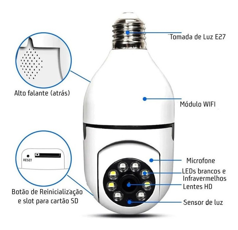 Camera Lampada Segurança Panoramica Wifi Espia C/rastreio - Imagem 10