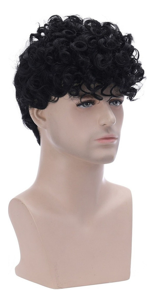 Peruca De Fibra Preta Masculina Cabelo Curto Encaracolado - Imagem 7