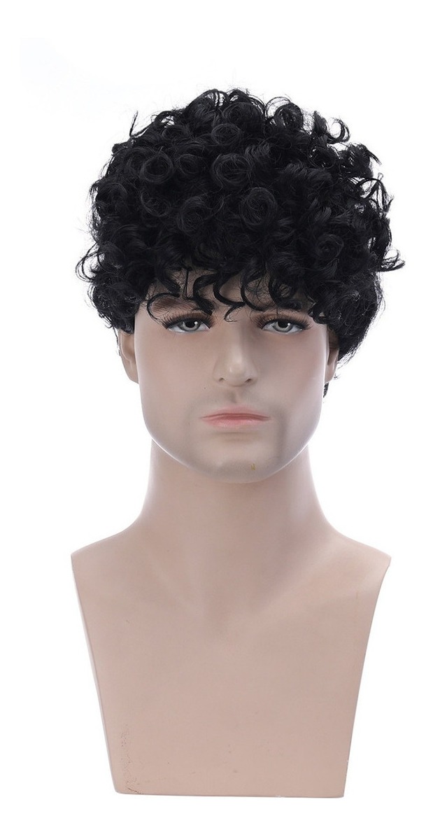 Perucas Perucas Masculinas Cabelo Curto Encaracolado Preto - Imagem 5