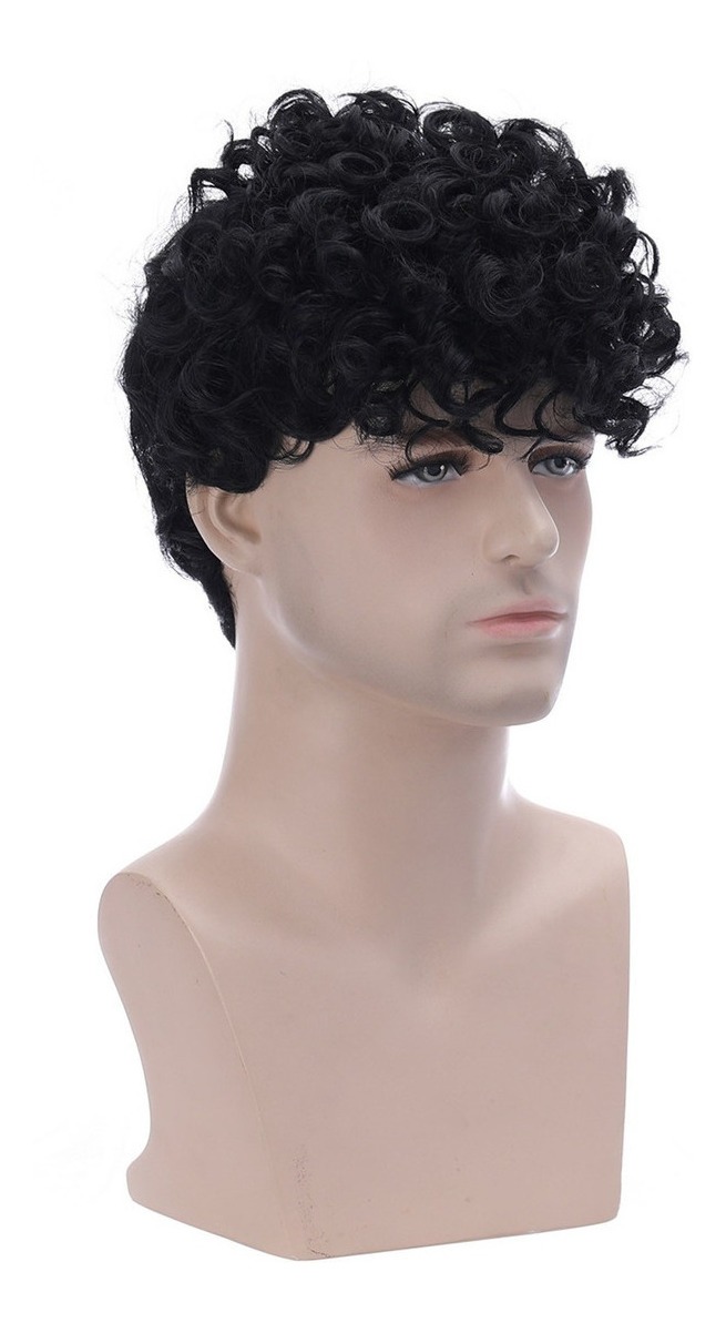 Peruca Masculina De Fibra Preta Com Cabelo Curto Encaracolad - Imagem 7