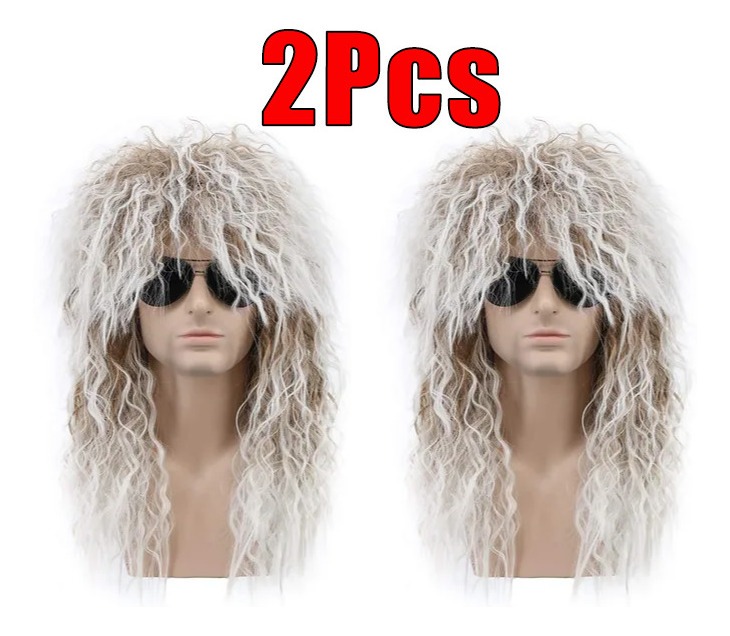 Peruca Cabelo Longo Encaracolado Masculino Ouro 70s 80s 2pcs - Imagem 11