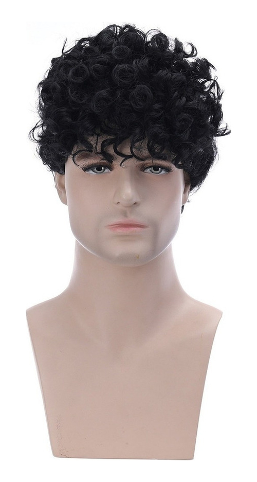 Peruca De Fibra Preta Masculina Cabelo Curto Encaracolado - Imagem 6