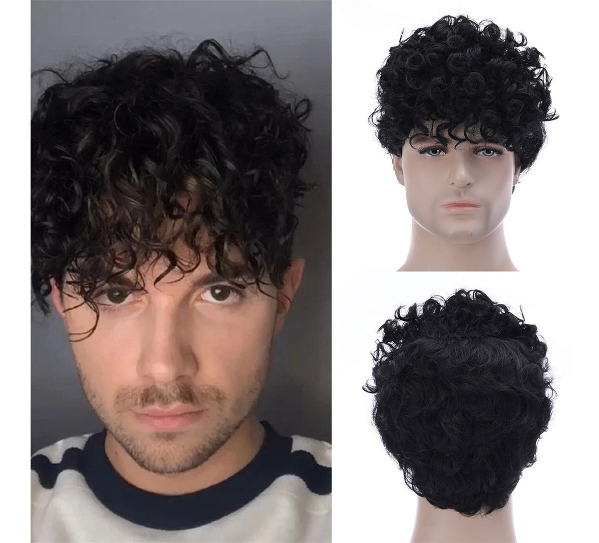 Perucas Perucas Masculinas Cabelo Curto Encaracolado Preto - Imagem 2