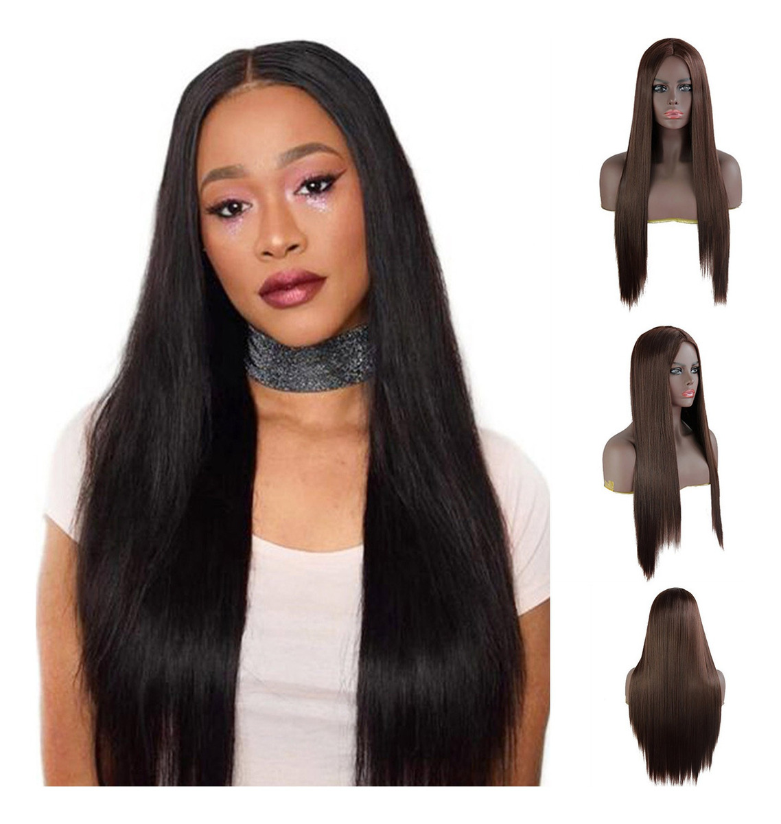 Peruca Feminina De Cabelo Liso De Comprimento Médio, Peruca - Imagem 4