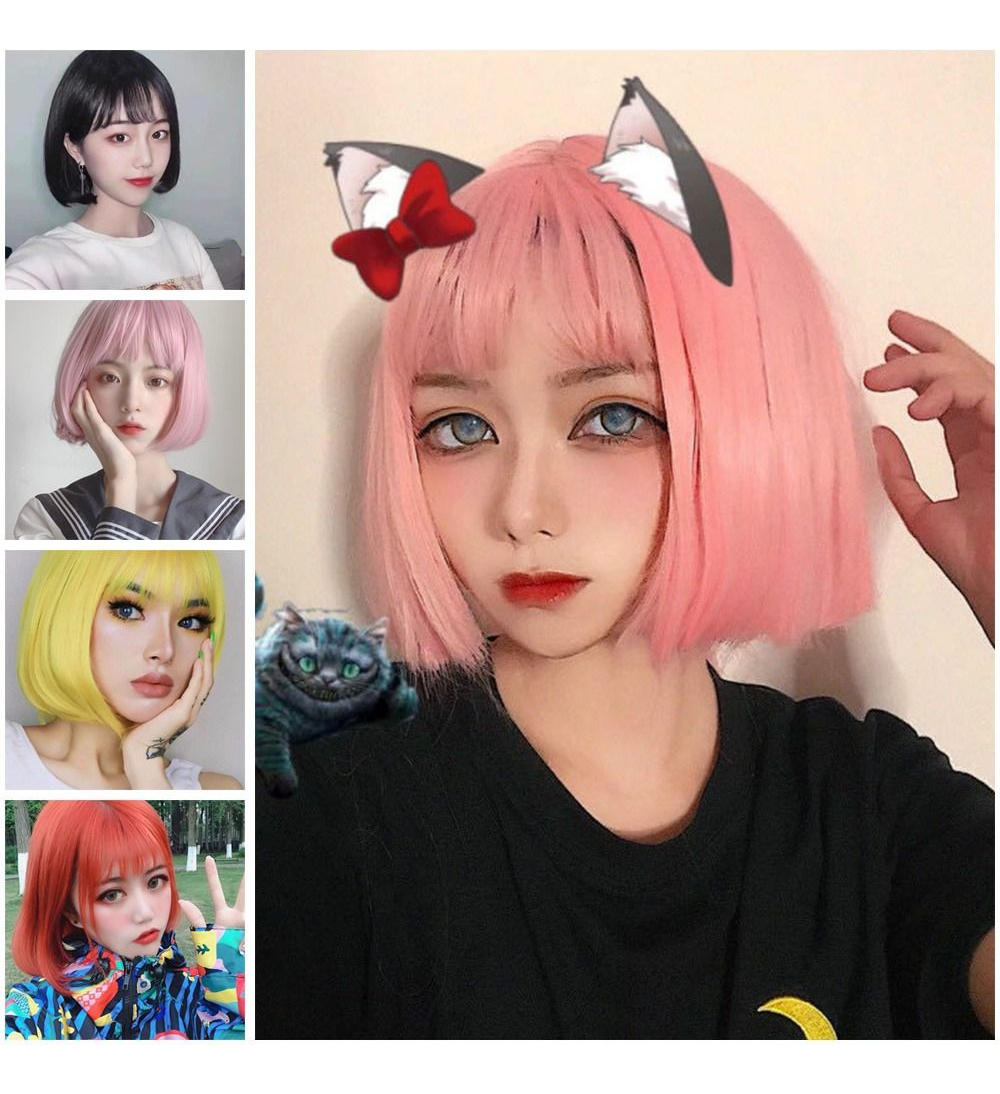 Peruca Anime Pink Human Short Straight Hair Wigsshort - Imagem 11