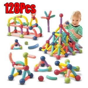 Brinquedo Ímãs Blocos Conjunto Infantil Educativo 128 Peças