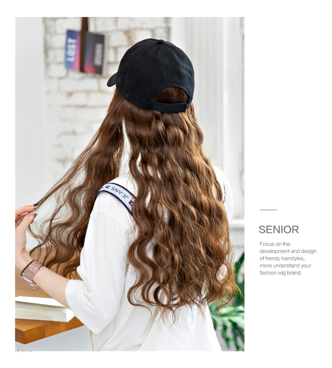Peruca Multicolor Corn Perm, Peruca De Cabelo Comprido, Boné - Imagem 4