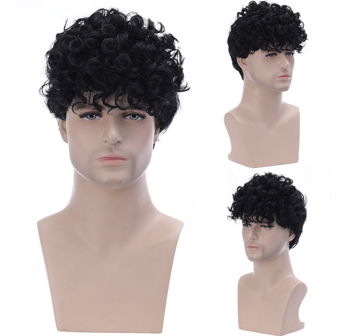 Perucas Perucas Masculinas Cabelo Curto Encaracolado Preto