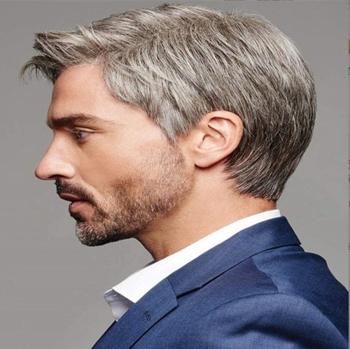 Peruca Masculina Parte Diagonal Cabelo Castanho Grisalho Lis - Imagem 3