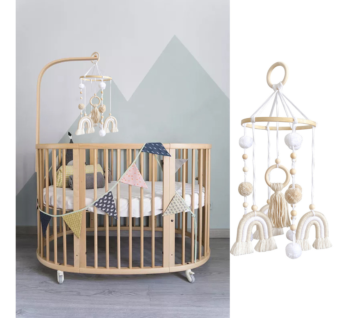 Cama De Bebê Móvel De Madeira Rainbow Mobile Baby Wind Chime - Imagem 4