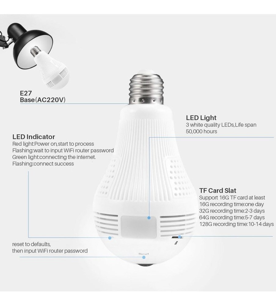 Câmera De Luz Espiã Ip Led Wifi Hd Panorama 360º Móvel - Imagem 9