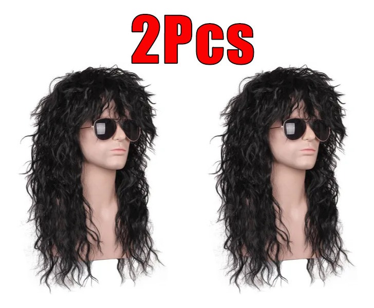 Peruca Cabelo Longo Encaracolado Masculino Ouro 70 80s 2pcs