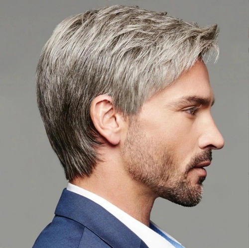 Peruca Marrom Cinza Parte Oblíqua Masculina - Imagem 4