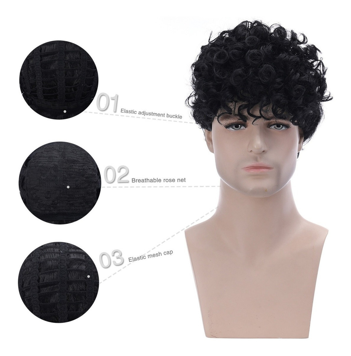 Peruca Masculina De Fibra Preta Com Cabelo Curto Encaracolad - Imagem 8