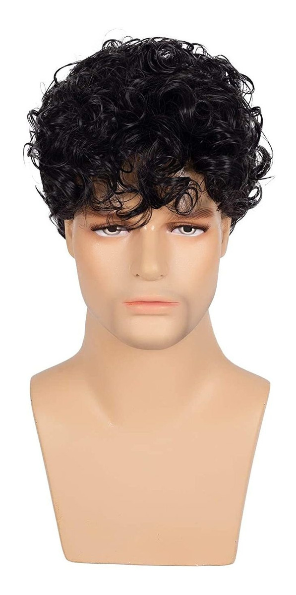 Peruca Masculina De Fibra Preta Com Cabelo Curto Encaracolad