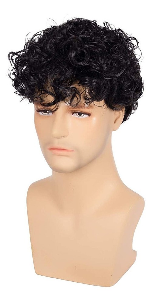 Peruca Masculina De Fibra Sintética De Cabelo Curto Encaraco