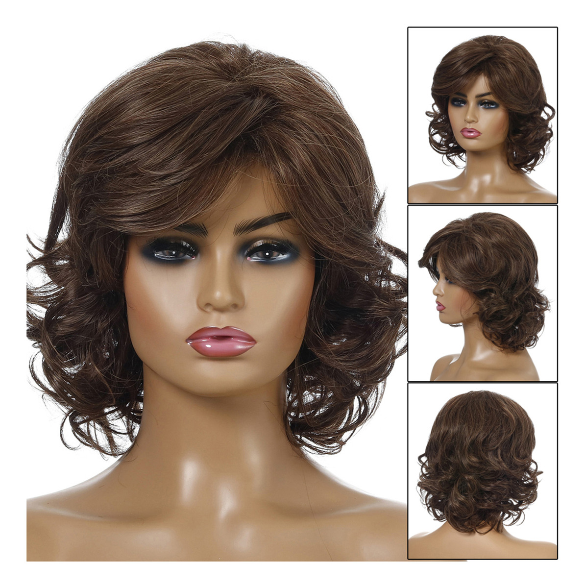 Peruca Curta Encaracolada De Cabelo Falso Marrom Sintético P - Imagem 4