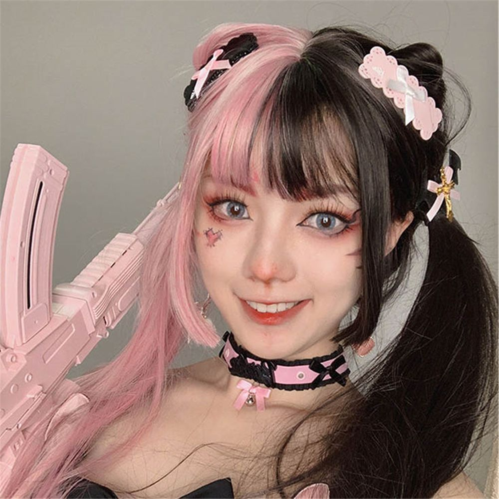 Peruca De Dupla Cor Preta E Rosa, Cabelo Longo E Reto - Imagem 6