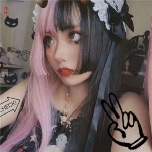 Peruca De Dupla Cor Preta E Rosa, Cabelo Longo E Reto