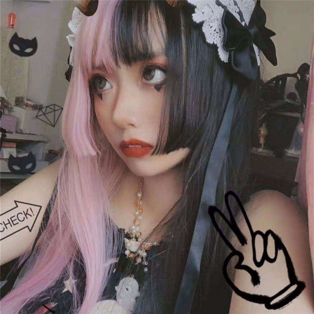 Peruca De Dupla Cor Preta E Rosa, Cabelo Longo E Reto