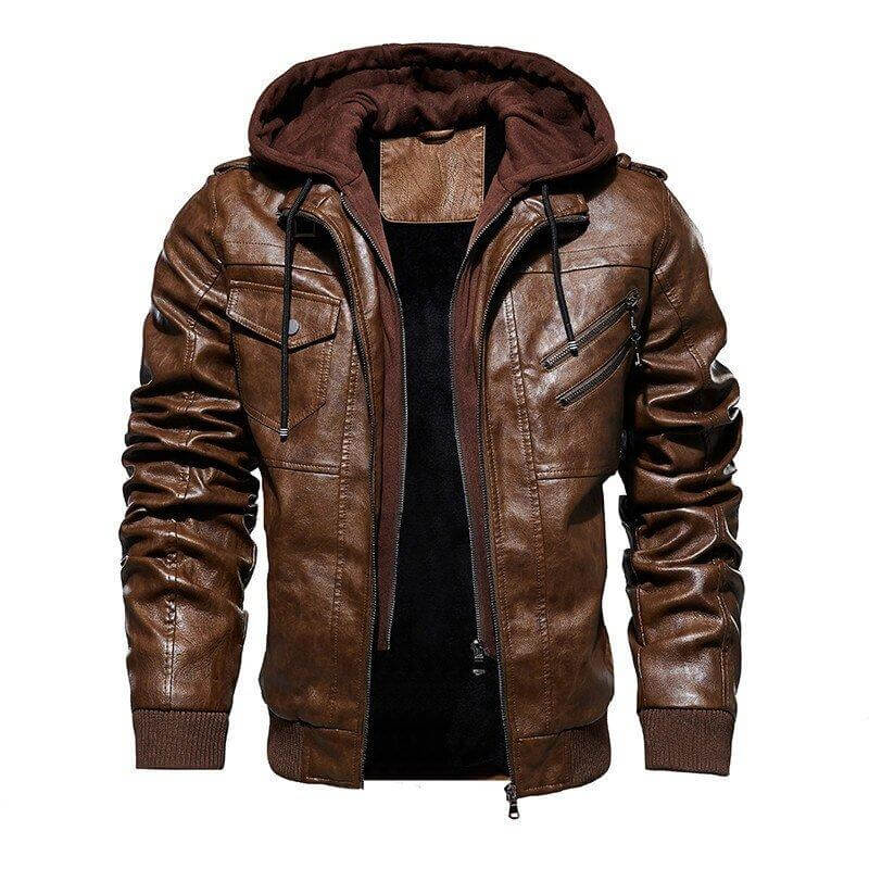 Jaqueta Masculina de Couro 100% Legítimo Com Capuz Removível - Imagem 2